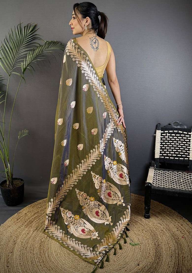 Olive Embroidered Blended Saree Set for Diwali and Festive Wear - Indya