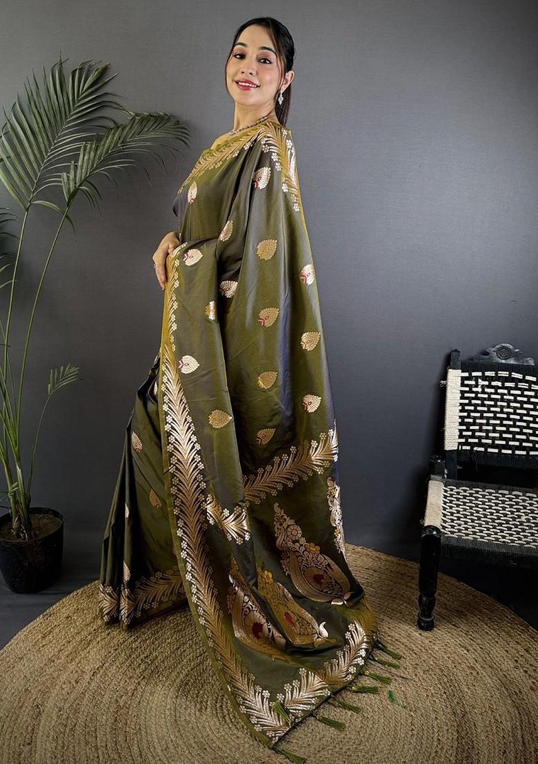 Olive Embroidered Blended Saree Set - Indya