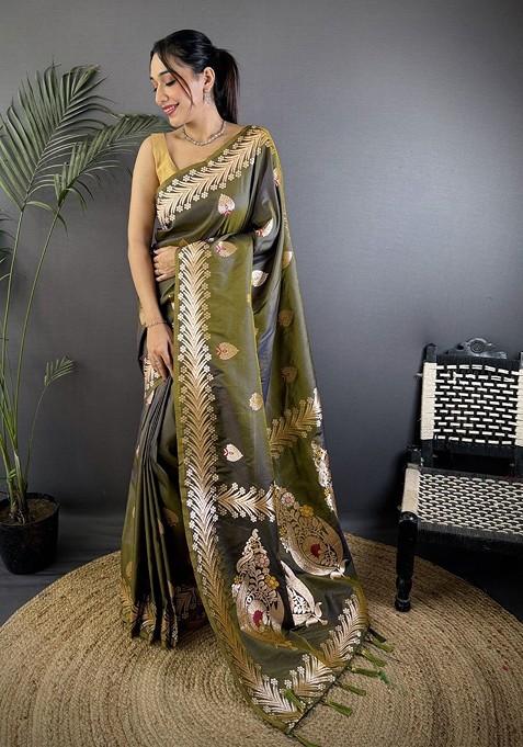 Olive Embroidered Blended Saree Set
