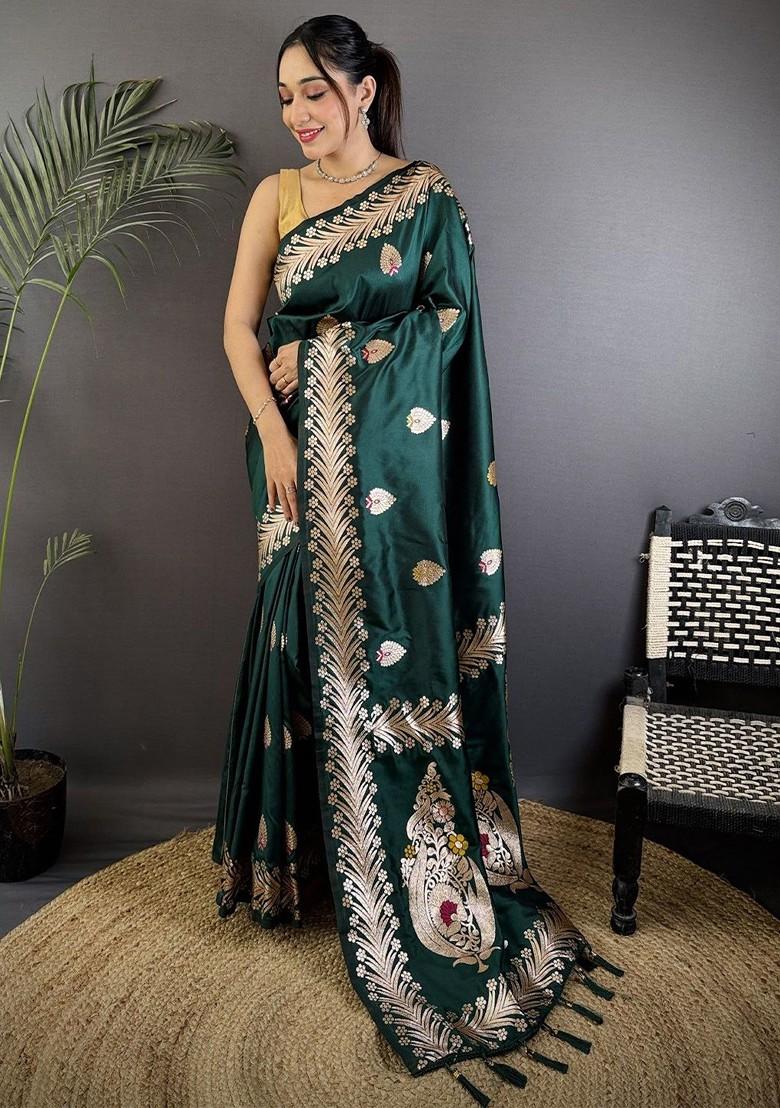 Green Embroidered Blended Saree Set - Indya