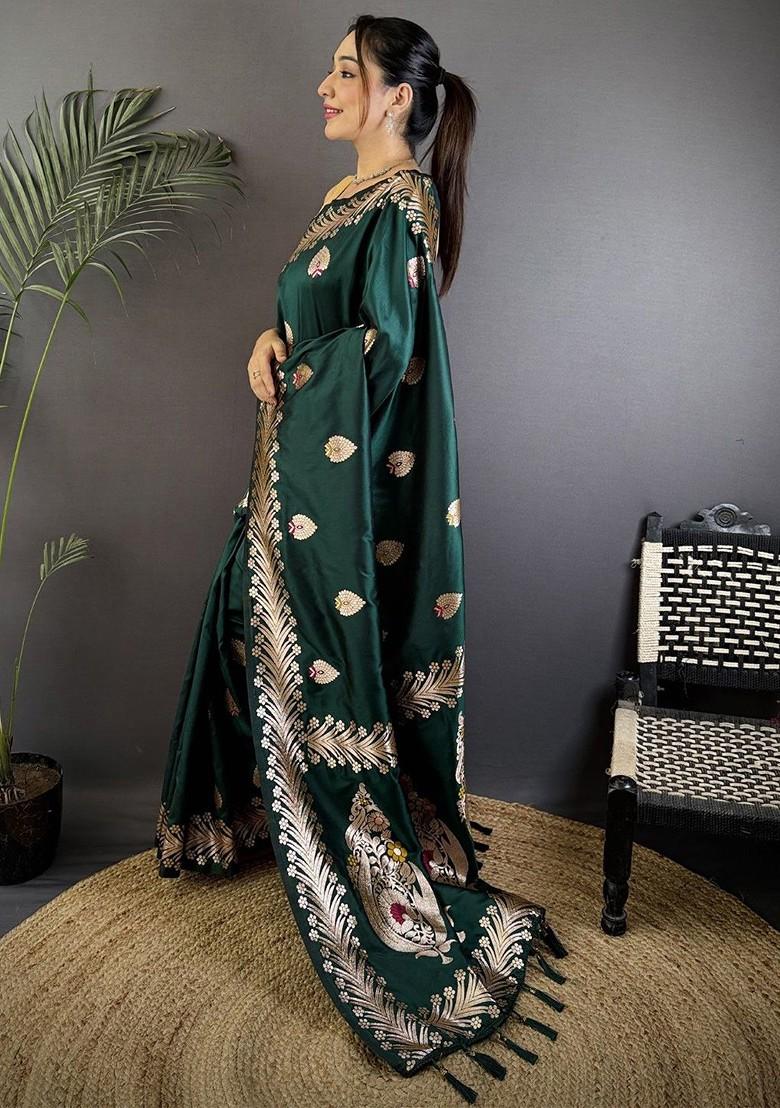Green Embroidered Blended Saree Set - Indya