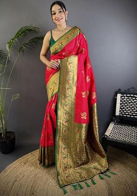 Magenta Embroidered Blended Saree Set