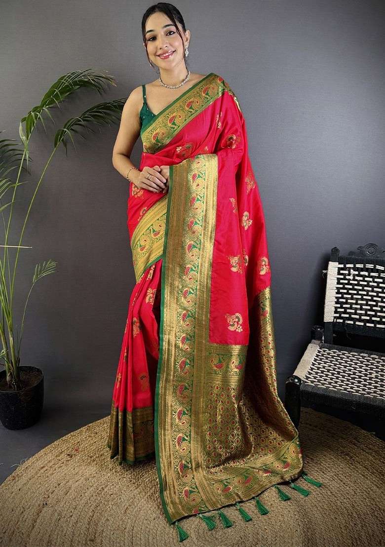 Magenta Blended Saree Set with Embroidered for Diwali | Wedding & Festive Wear - Indya