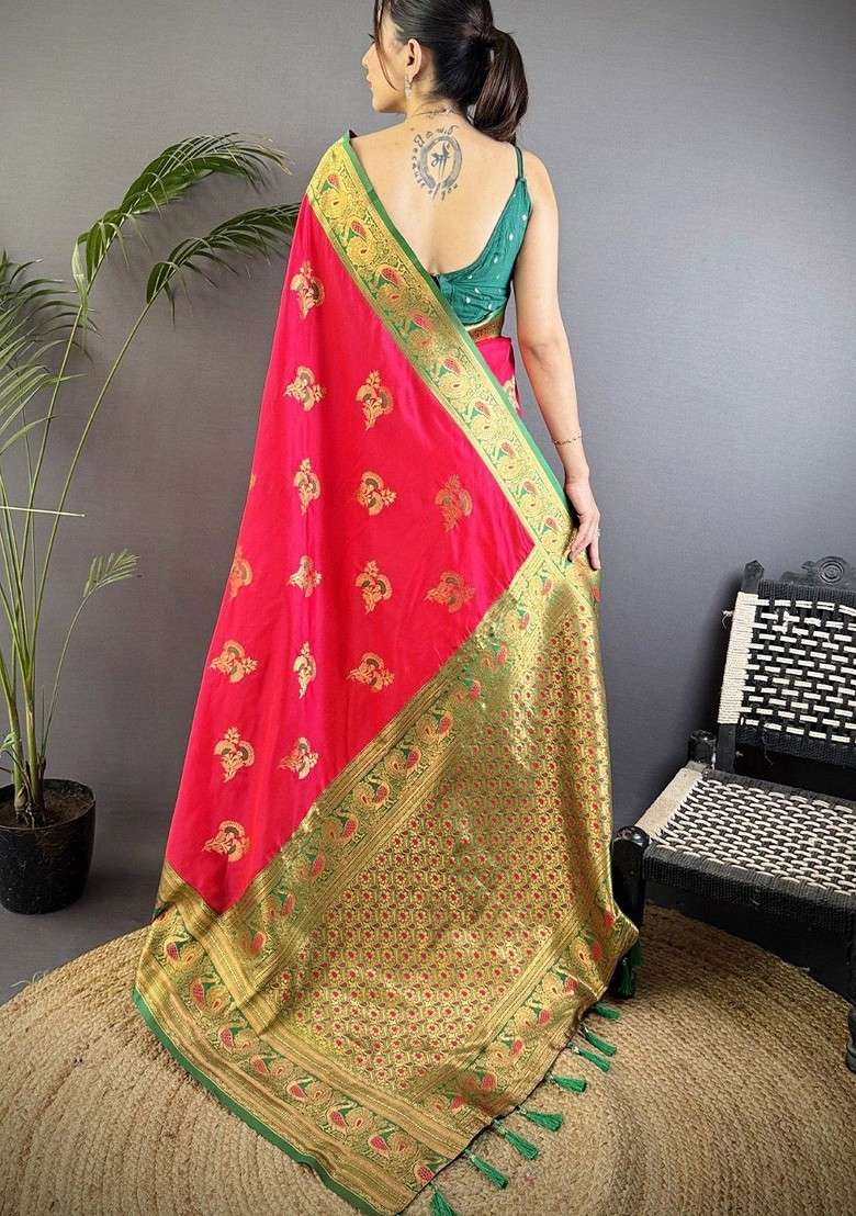Magenta Blended Saree Set with Embroidered for Diwali | Wedding & Festive Wear - Indya