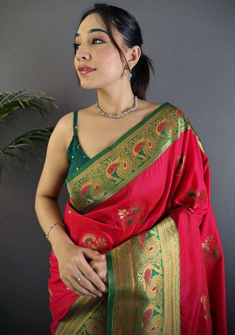 Magenta Blended Saree Set with Embroidered for Diwali | Wedding & Festive Wear - Indya