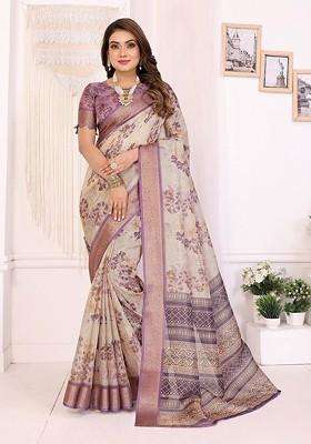 Lavender Embroidered Blended Saree Set