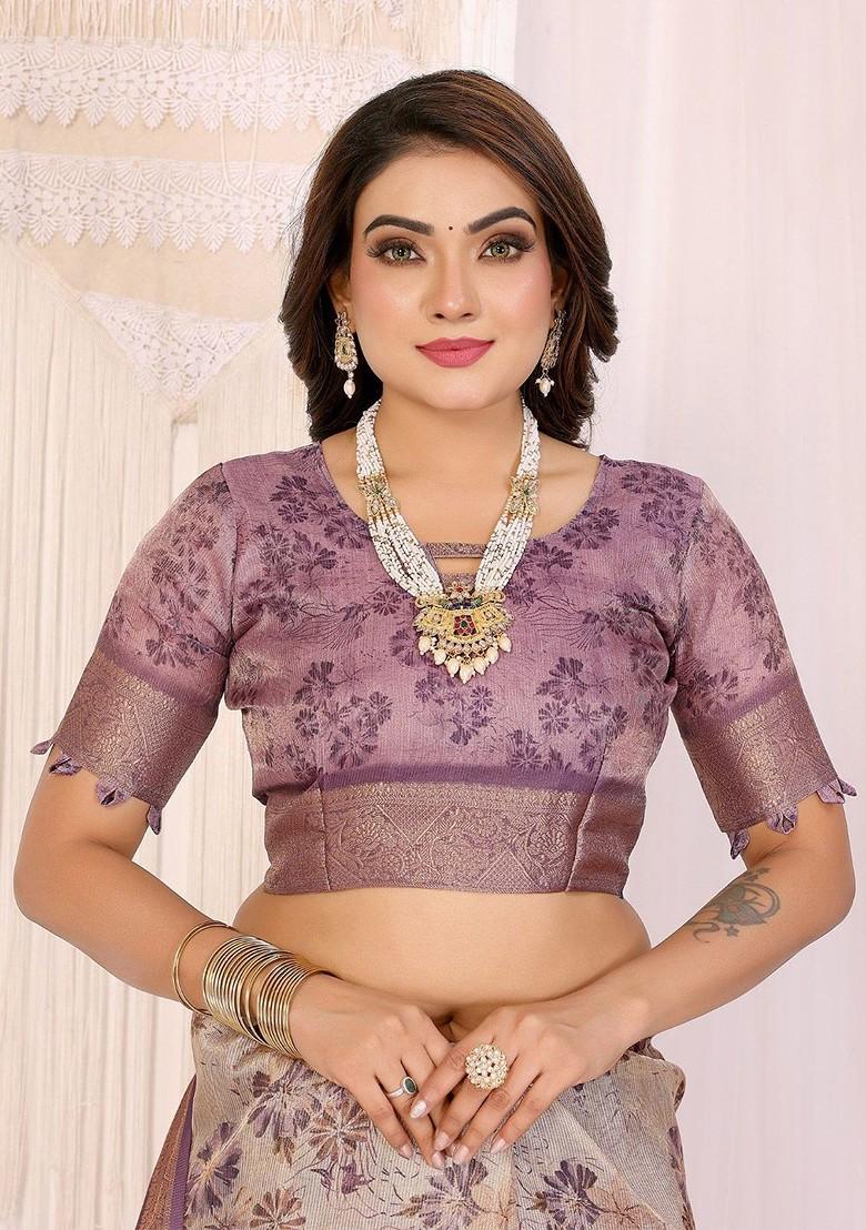 Lavender Embroidered Blended Saree Set - Indya
