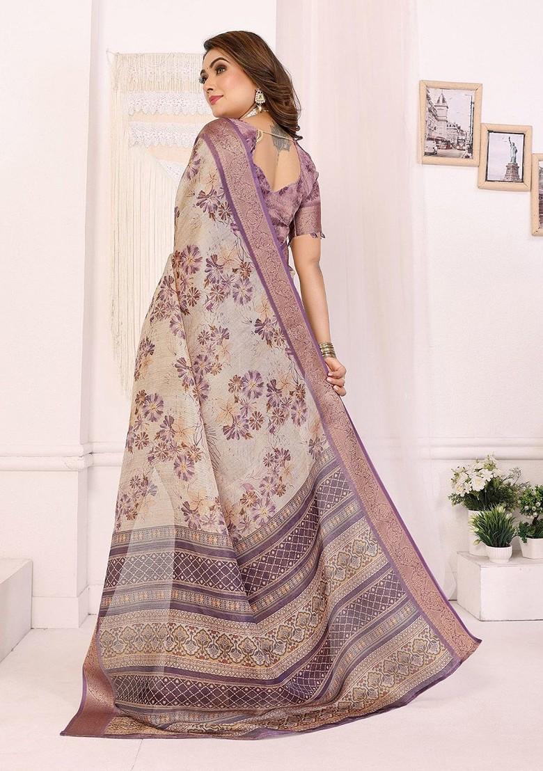 Lavender Embroidered Blended Saree Set - Indya