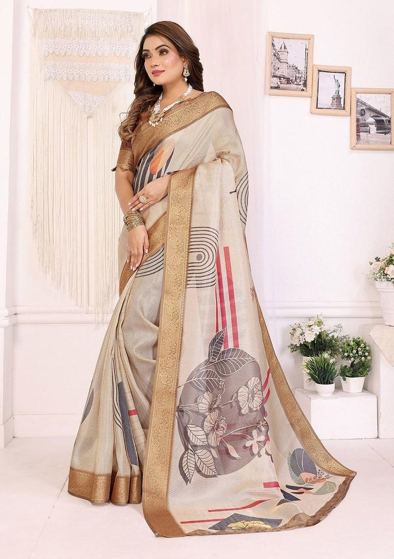 Off White Embroidered Blended Saree Set - Indya