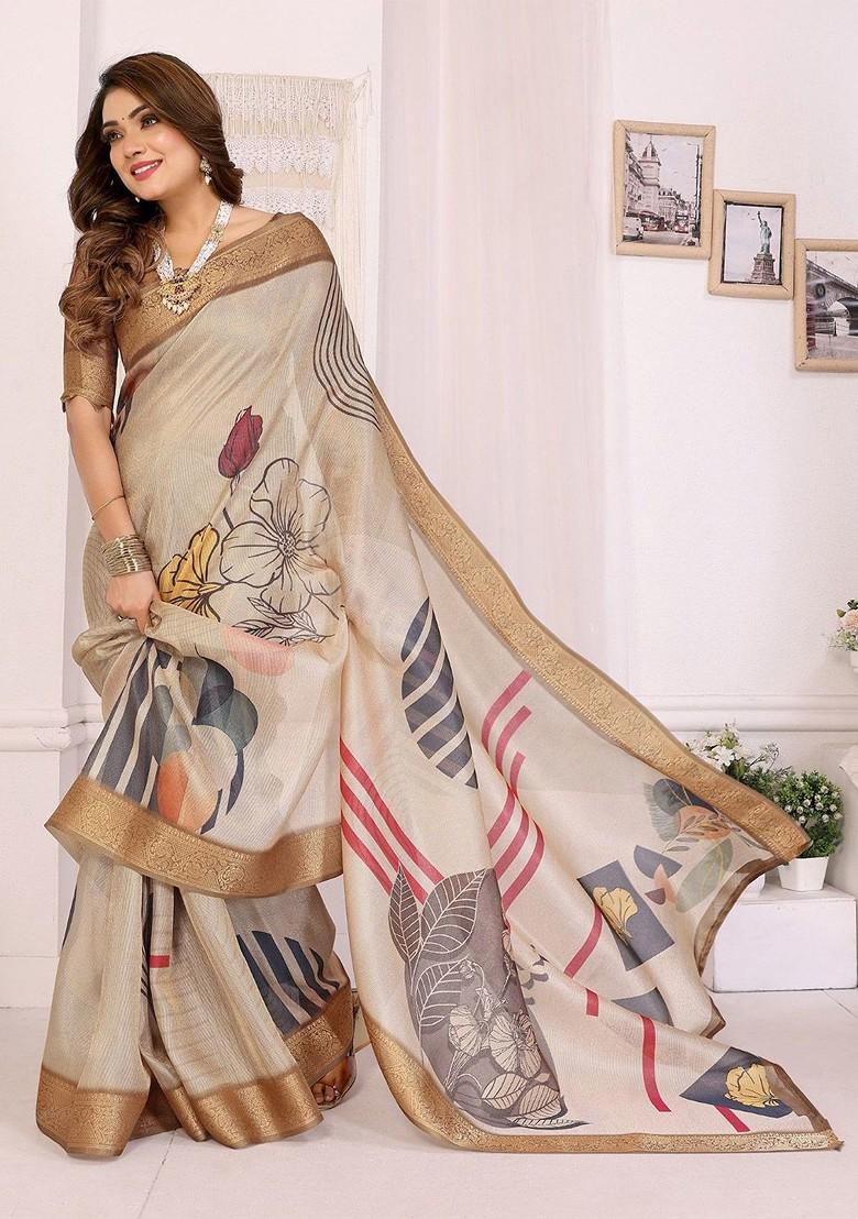 Off White Embroidered Blended Saree Set - Indya