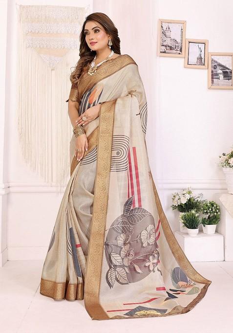 Off White Embroidered Blended Saree Set