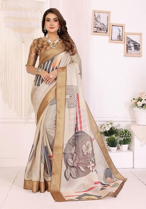 Off White Embroidered Blended Saree Set