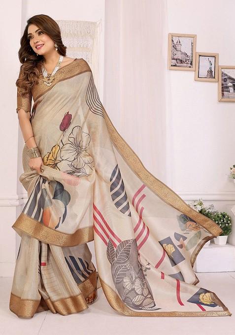 Off White Embroidered Blended Saree Set