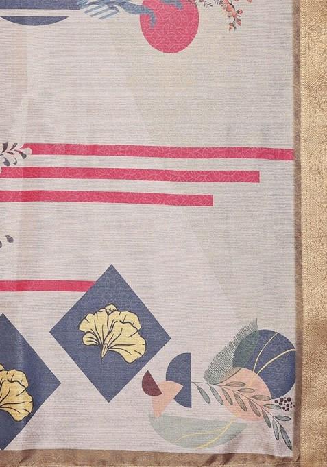 Off White Embroidered Blended Saree Set