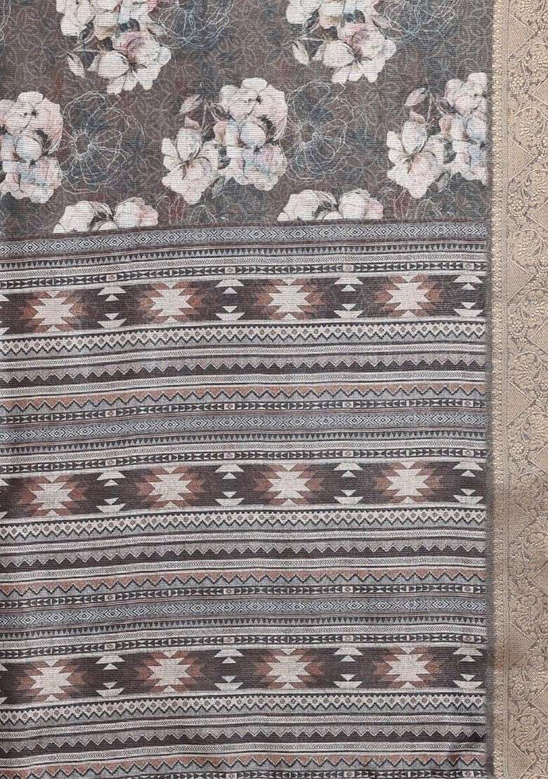 Grey Embroidered Blended Saree Set for Diwali and Festive Wear - Indya
