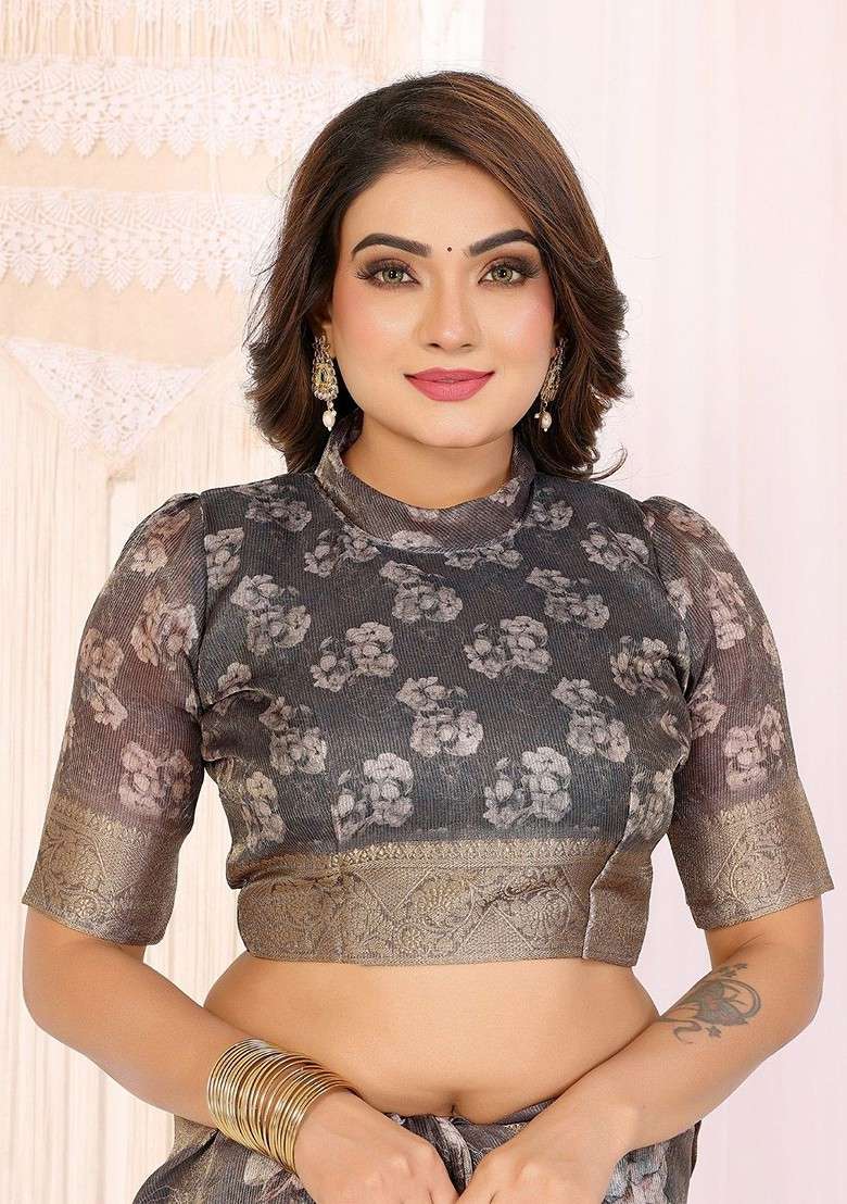 Grey Embroidered Blended Saree Set for Diwali and Festive Wear - Indya