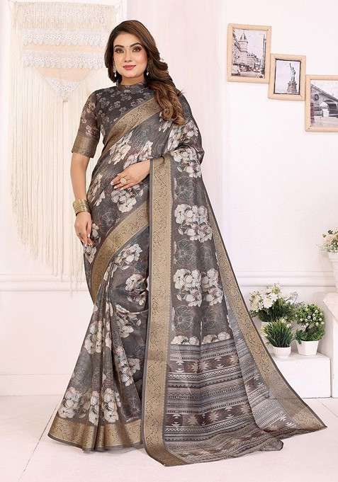 Grey Embroidered Blended Saree Set for Diwali and Festive Wear