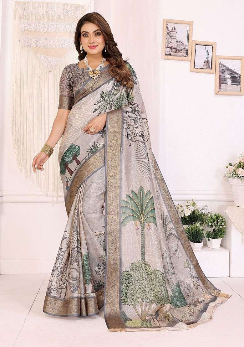 White Embroidered Blended Saree Set for Diwali and Festive Wear - Indya