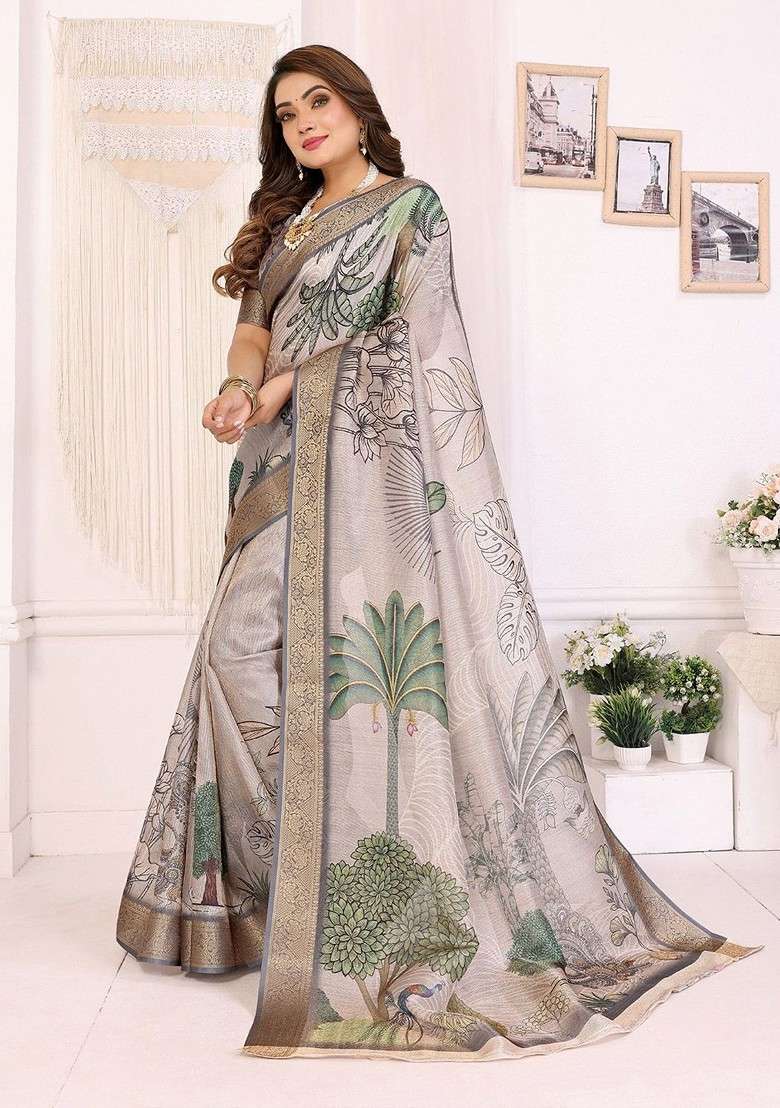 White Embroidered Blended Saree Set for Diwali and Festive Wear - Indya