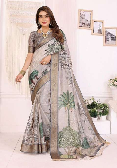White Embroidered Blended Saree Set for Diwali and Festive Wear