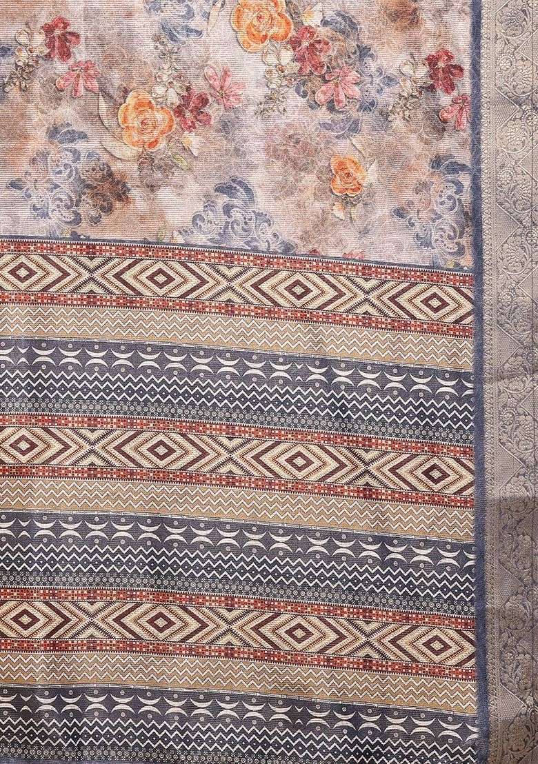 Beige Embroidered Blended Saree Set - Indya