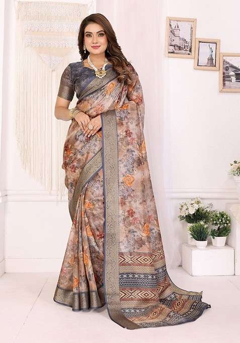 Beige Blended Saree Set with Embroidered for Diwali | Wedding & Festive Wear