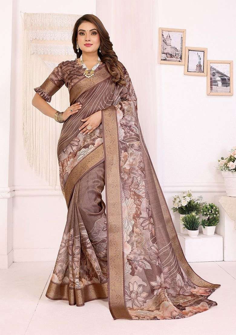 Brown Embroidered Blended Saree Set for Diwali and Festive Wear - Indya