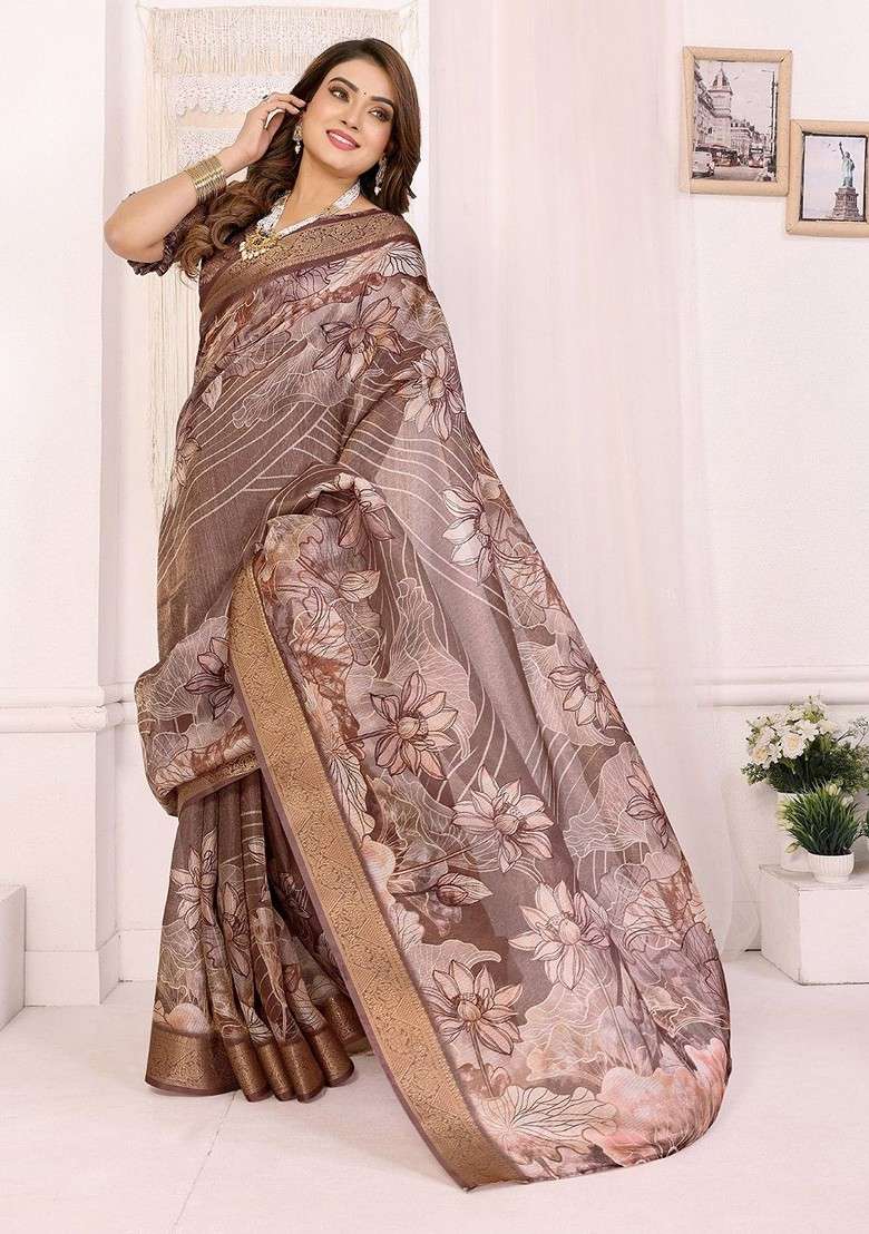 Brown Embroidered Blended Saree Set for Diwali and Festive Wear - Indya
