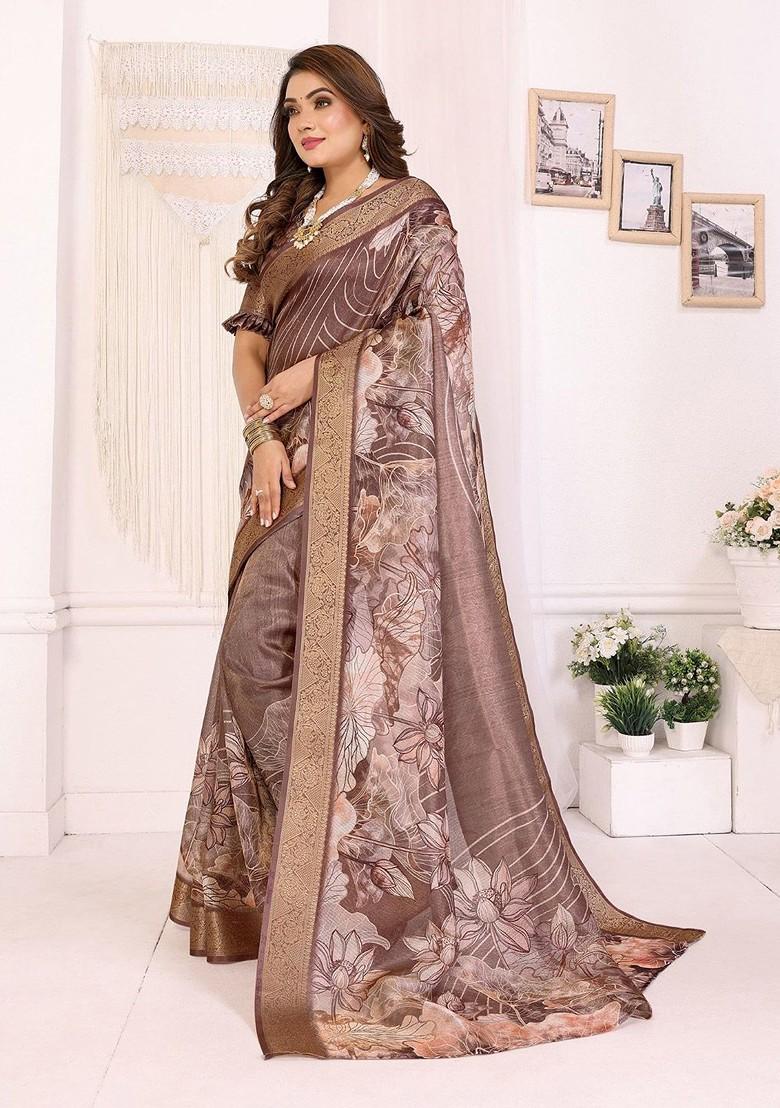 Brown Embroidered Blended Saree Set - Indya