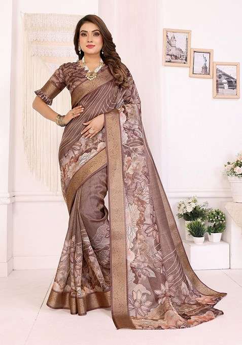 Brown Embroidered Blended Saree Set for Diwali and Festive Wear