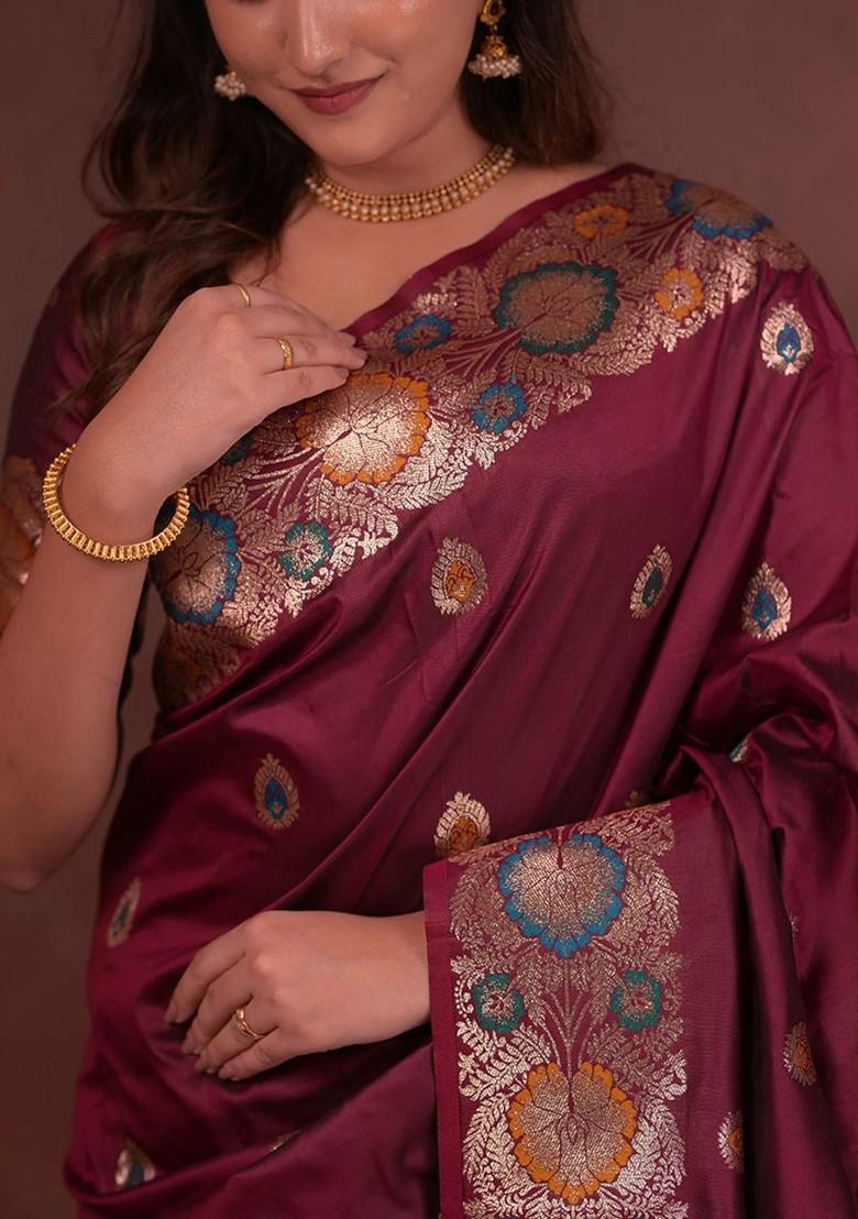 Maroon Embroidered Blended Saree Set - Indya