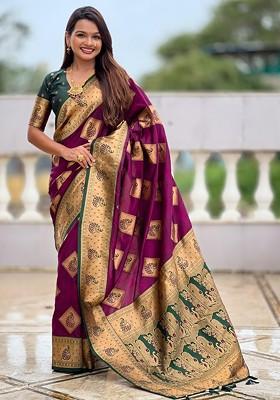 Burgundy Embroidered Blended Saree Set