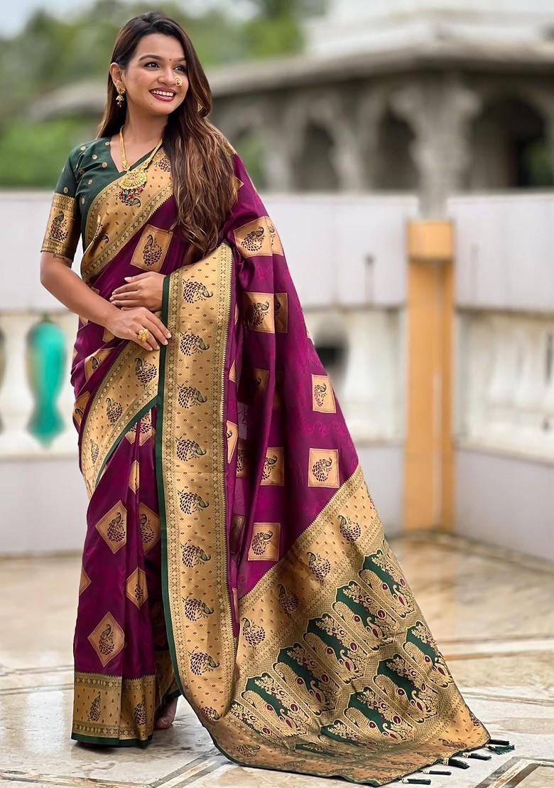 Burgundy Embroidered Blended Saree Set - Indya