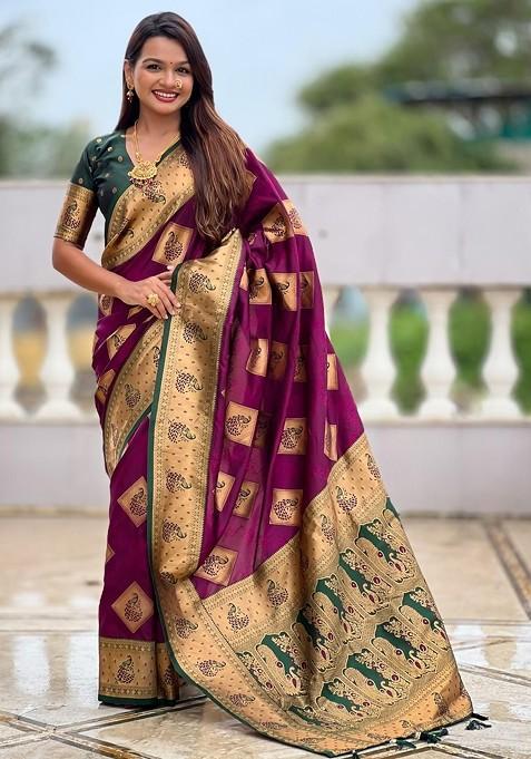Burgundy Embroidered Blended Saree Set — view on Indya