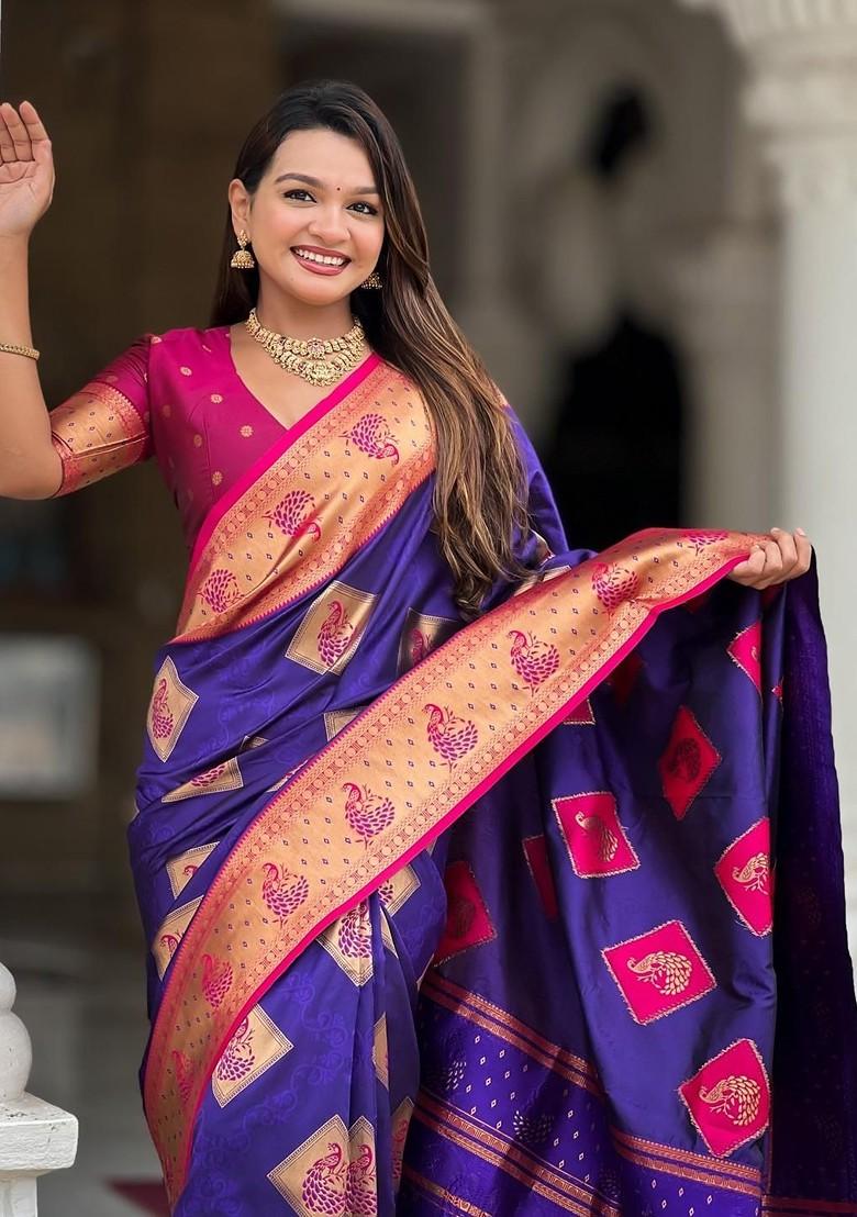 Violet Embroidered Blended Saree Set - Indya