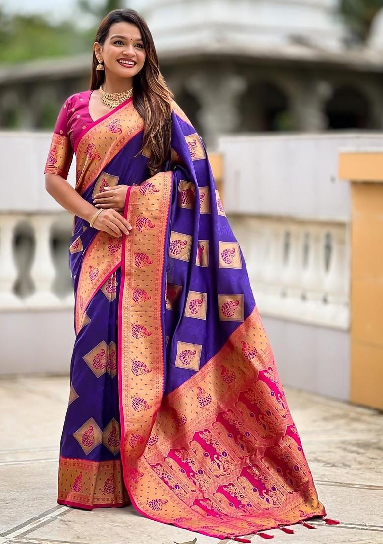 Violet Embroidered Blended Saree Set - Indya