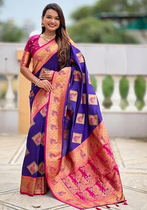 Violet Embroidered Blended Saree Set — view on Indya