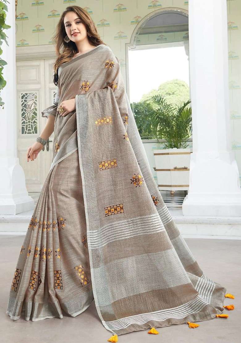 Beige Embroidered Blended Saree Set - Indya