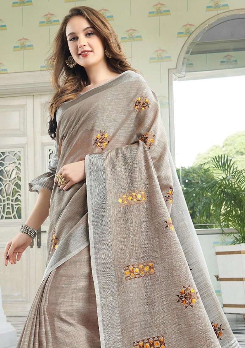 Beige Embroidered Blended Saree Set - Indya