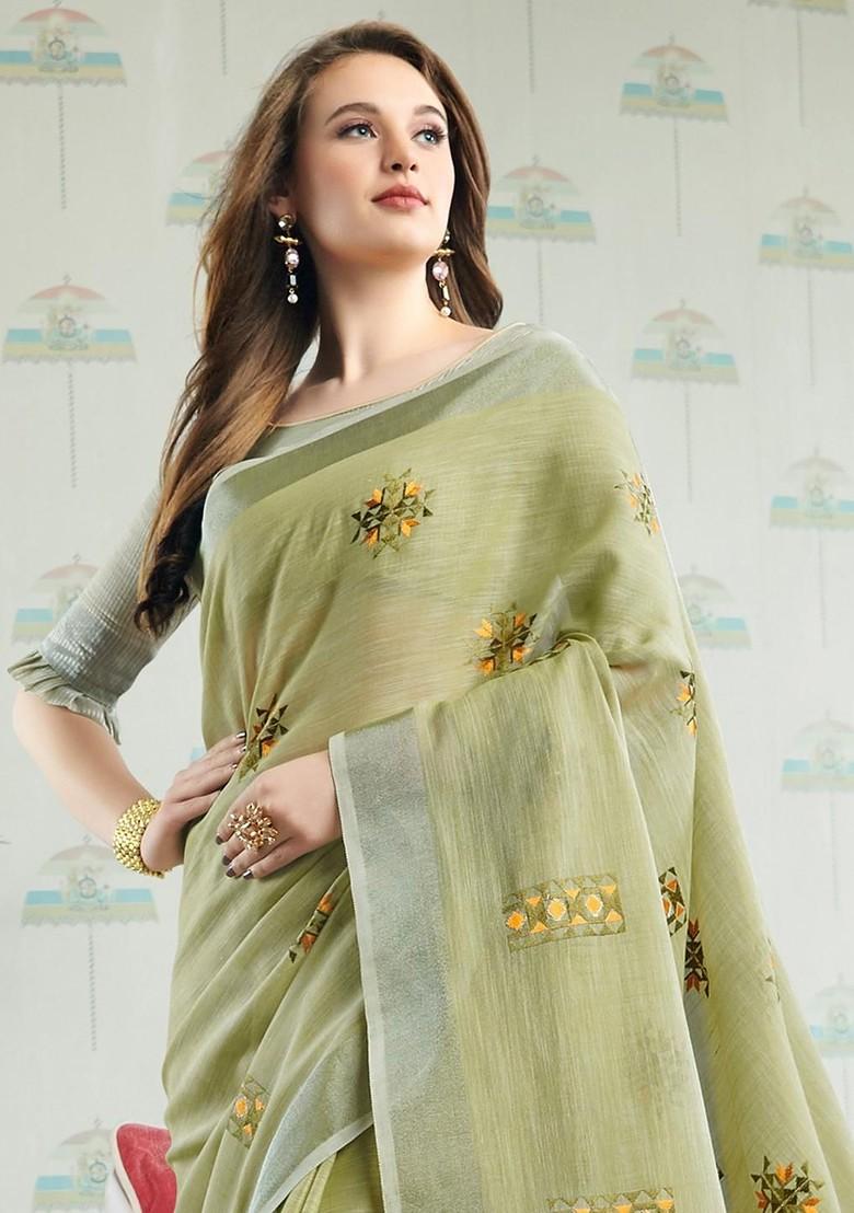 Olive Embroidered Blended Saree Set - Indya