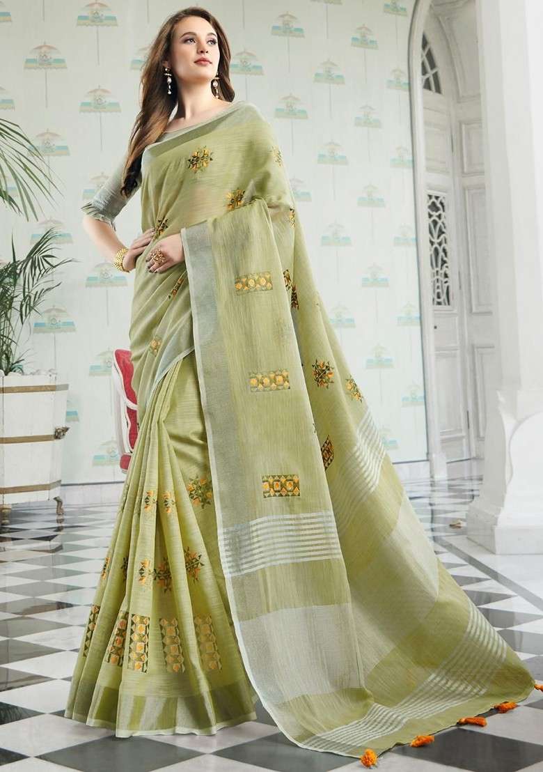 Olive Embroidered Blended Saree Set for Diwali and Festive Wear - Indya
