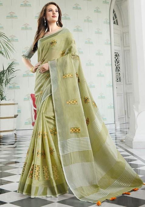 Olive Embroidered Blended Saree Set