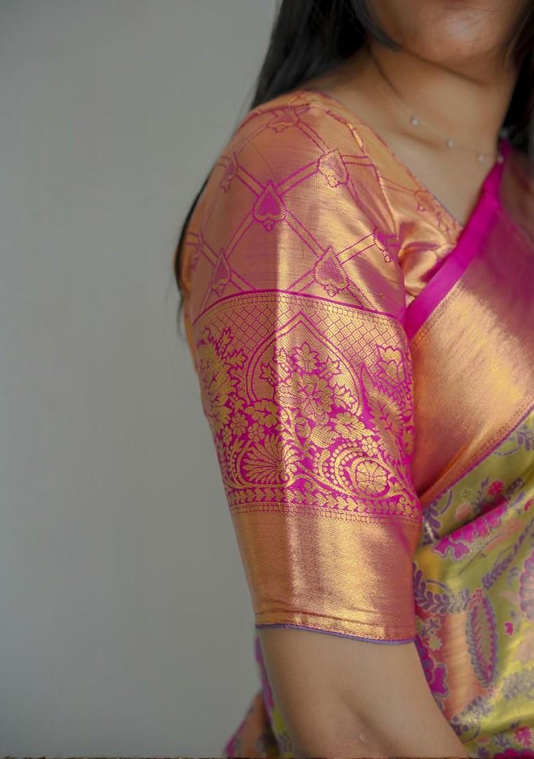Olive Embroidered Blended Saree Set - Indya
