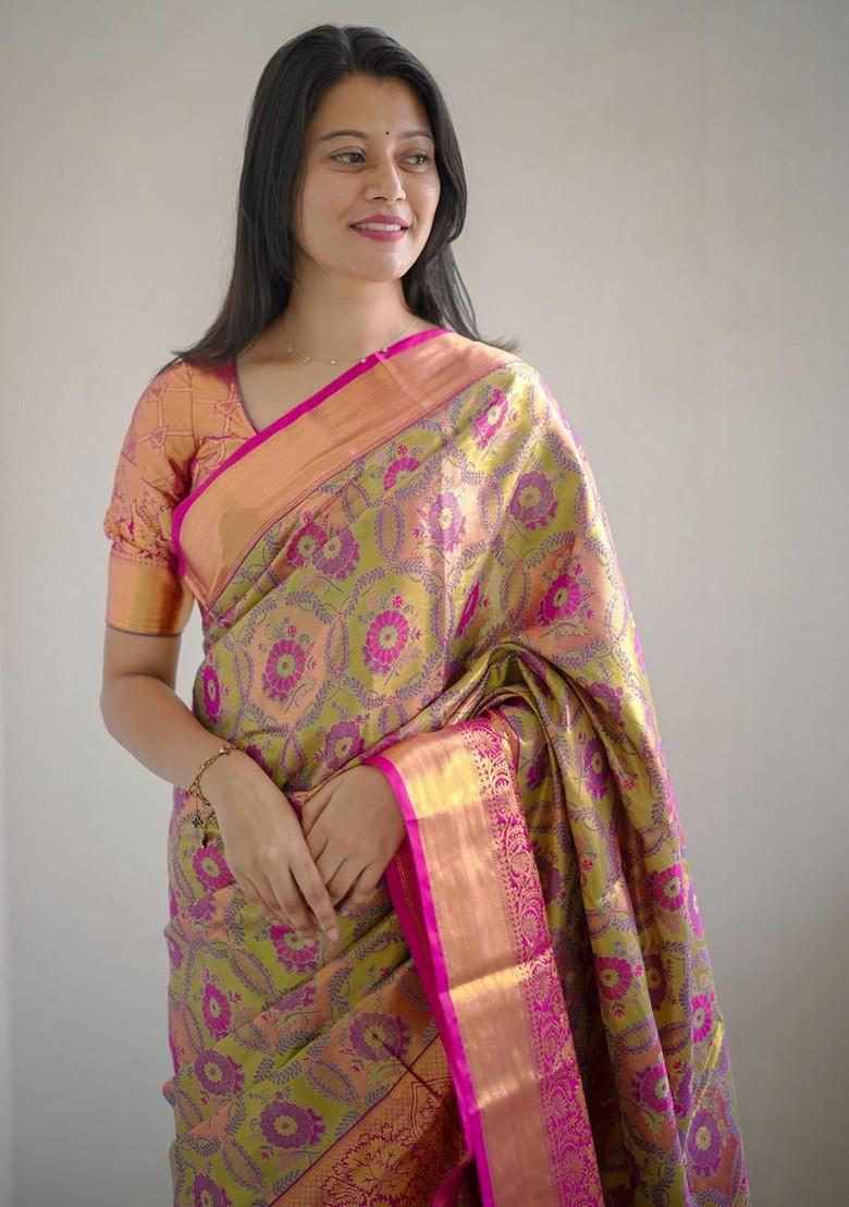 Olive Embroidered Blended Saree Set - Indya