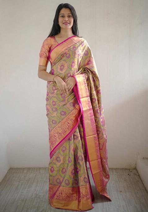 Olive Embroidered Blended Saree Set