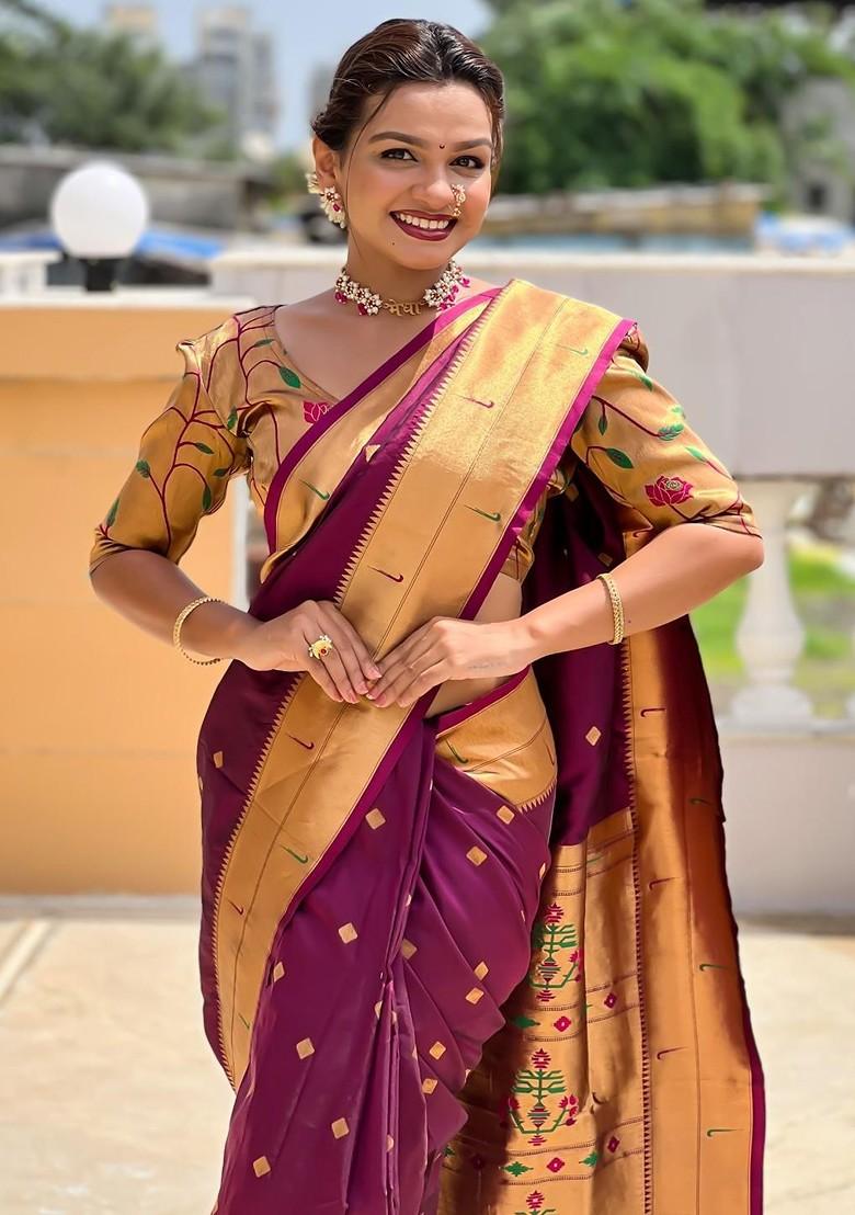 Burgundy Embroidered Blended Saree Set - Indya