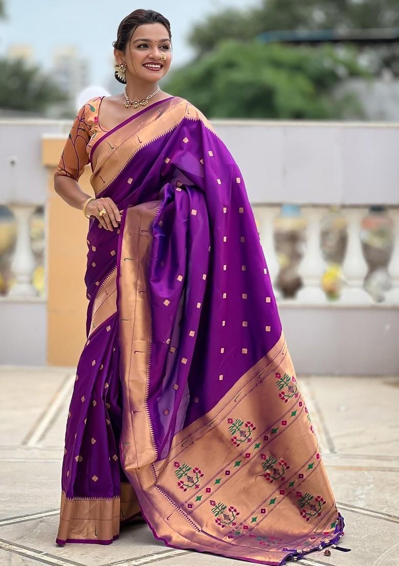 Violet Embroidered Blended Saree Set - Indya