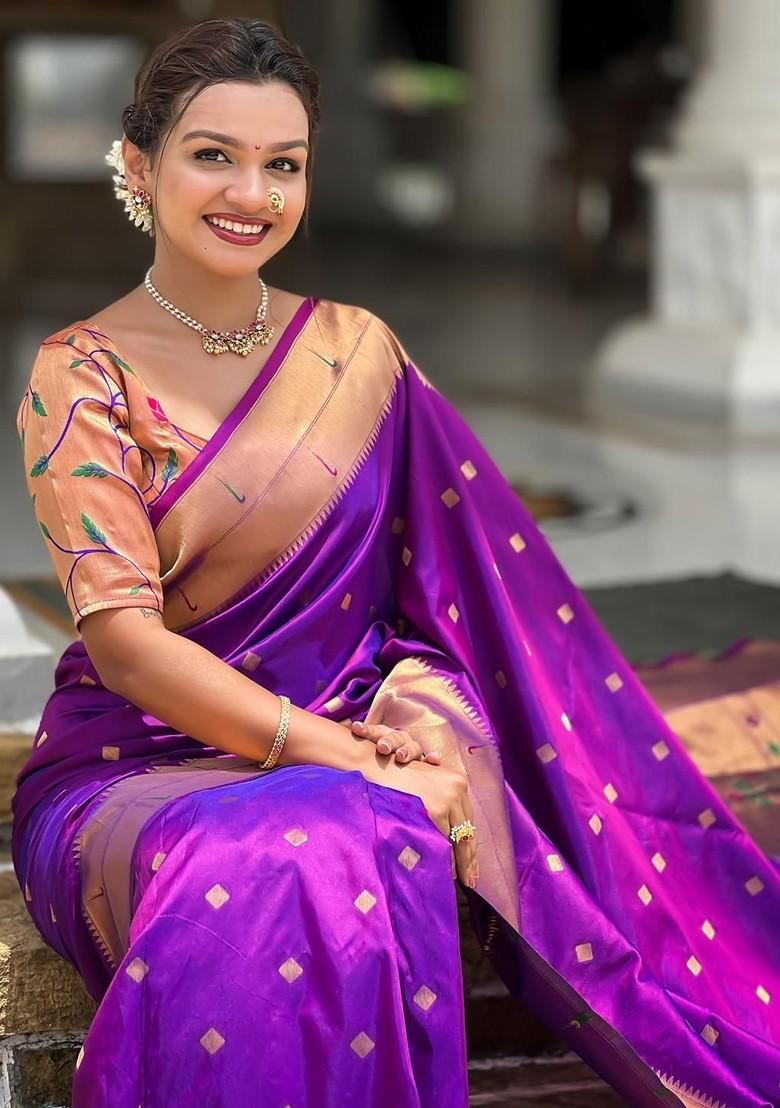 Violet Embroidered Blended Saree Set - Indya