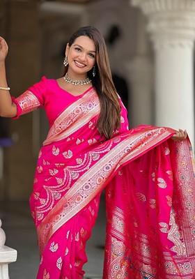 Magenta Embroidered Blended Saree Set
