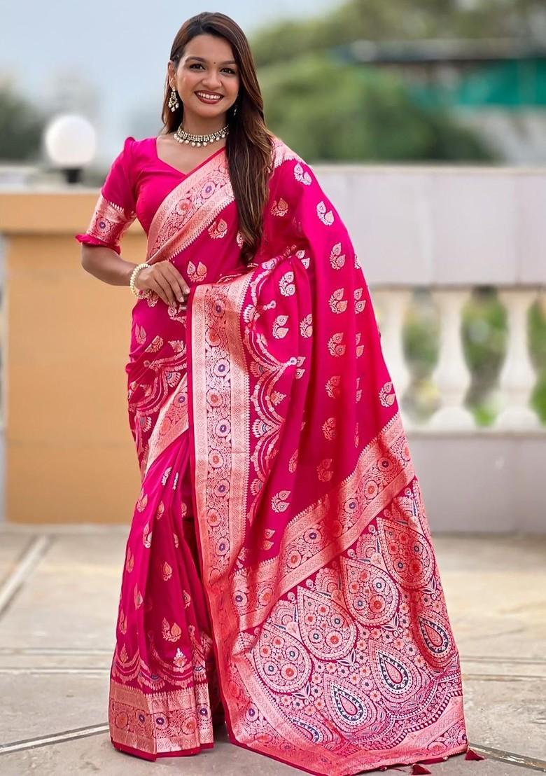 Magenta Embroidered Blended Saree Set - Indya